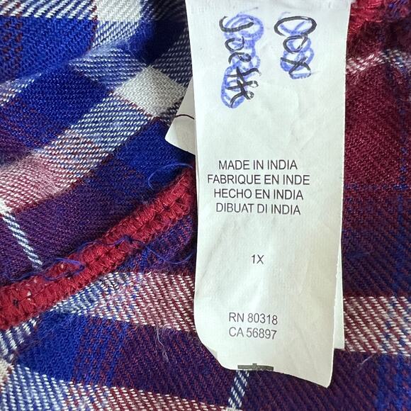 Lucky Brand Womens Flannel Shirt 1X Burgundy Blue Plaid Button Back Peplum Hem - Picture 5 of 7